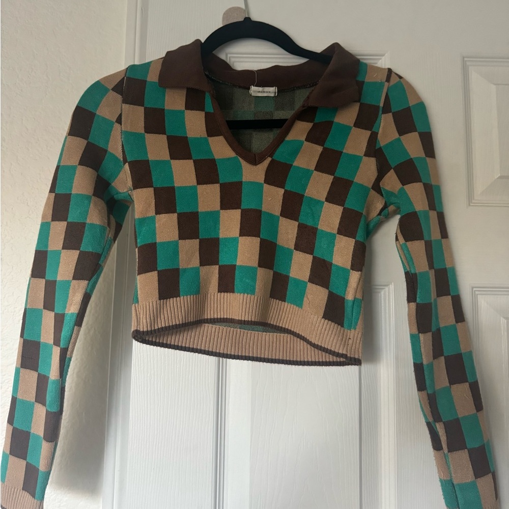 Dreamers By Debut Checkered Crop Sweater